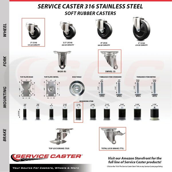 Service Caster 3 Inch 316SS Soft Rubber Swivel 1-1/4 Inch Expanding Stem Caster Lock Brake SCC SCC-SS316TTLEX20S314-SRS-114 - main